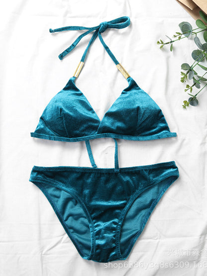 Bikinis- Velvet 2-Piece Halterneck Triangle Bra and Hipster Swimwear- - Pekosa Women Clothing