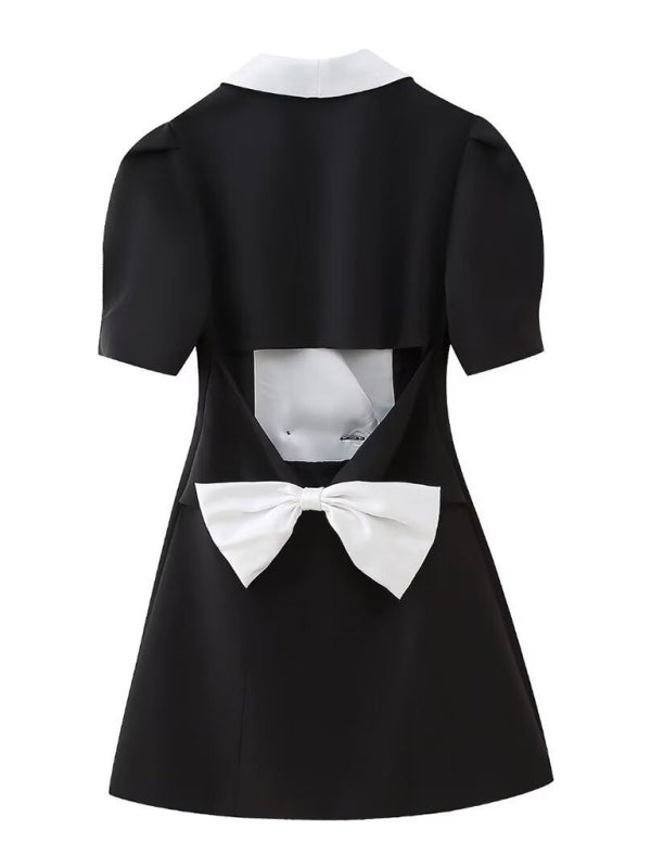 Blazer Dresses- Double-Breasted Blazer Dress with Lapel & Contrast Trim Bow Back- - Pekosa Women Fashion