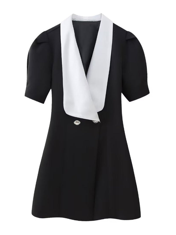 Blazer Dresses- Double-Breasted Blazer Dress with Lapel & Contrast Trim Bow Back- Black- Pekosa Women Fashion