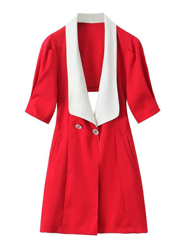 Blazer Dresses- Double-Breasted Blazer Dress with Lapel & Contrast Trim Bow Back- Red- Pekosa Women Fashion