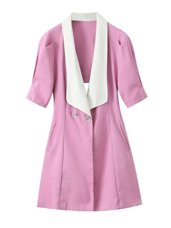 Blazer Dresses- Double-Breasted Blazer Dress with Lapel & Contrast Trim Bow Back- Pink- Pekosa Women Fashion