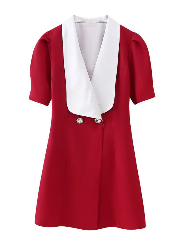 Blazer Dresses- Double-Breasted Blazer Dress with Lapel & Contrast Trim Bow Back- - Pekosa Women Fashion