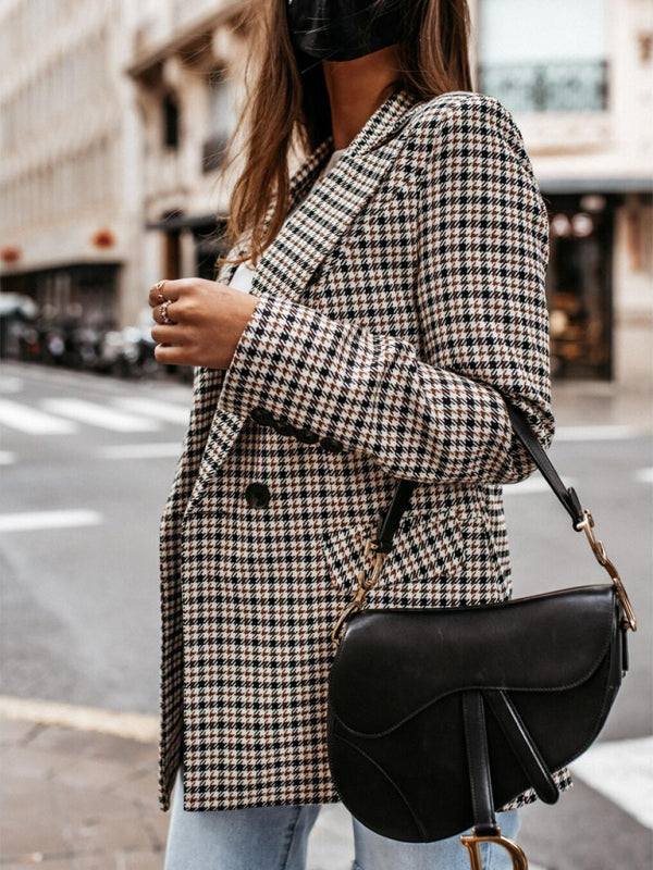 Blazers- Autumn Double-Breasted Plaid Blazer - Business Mid Jacket- - Pekosa Women Clothing