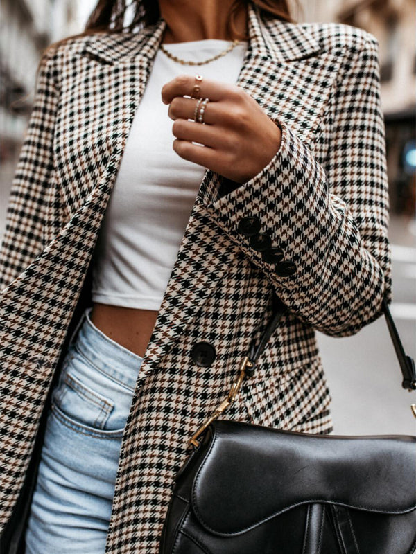 Blazers- Autumn Double-Breasted Plaid Blazer - Business Mid Jacket- - Pekosa Women Clothing