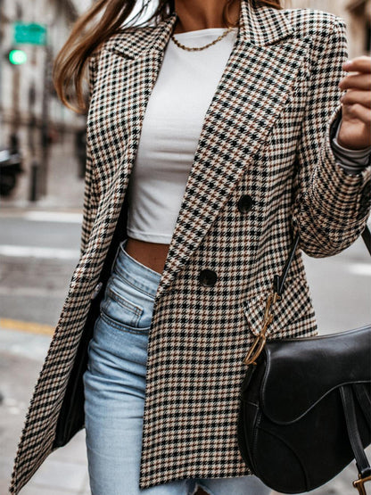 Blazers- Autumn Double-Breasted Plaid Blazer - Business Mid Jacket- Brown- Pekosa Women Clothing