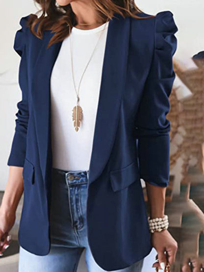 Blazers- Business Attire Cotton: Puff Sleeve Blazer- Navy Blue- Pekosa Women Clothing