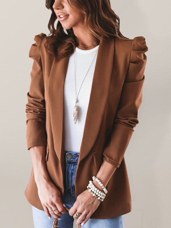 Blazers- Business Attire Cotton: Puff Sleeve Blazer- Dark Brown- Pekosa Women Clothing