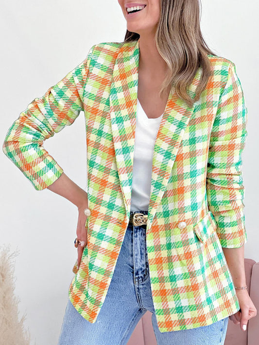 Blazers- Business Casual Plaid Double-Breasted Shawl Lapel Blazer- GreenYellow- Pekosa Women Clothing