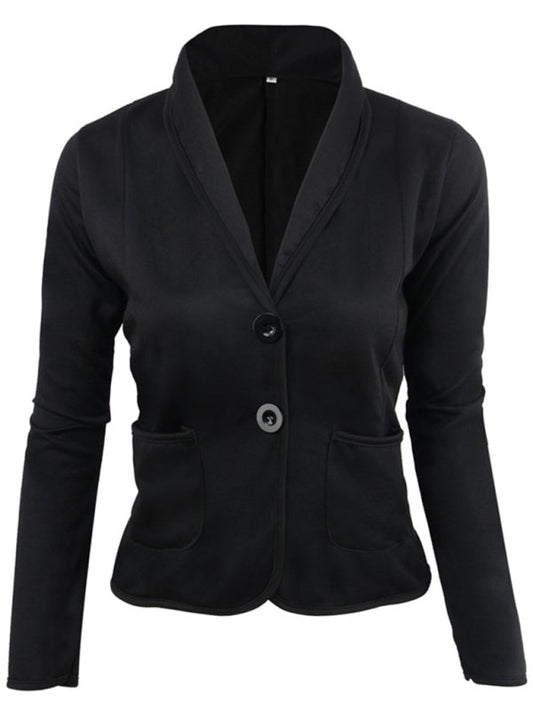 Blazers- Casual Women's Cotton Short Blazer with Shawl Lapels & Long Sleeves- Black- Pekosa Women Clothing