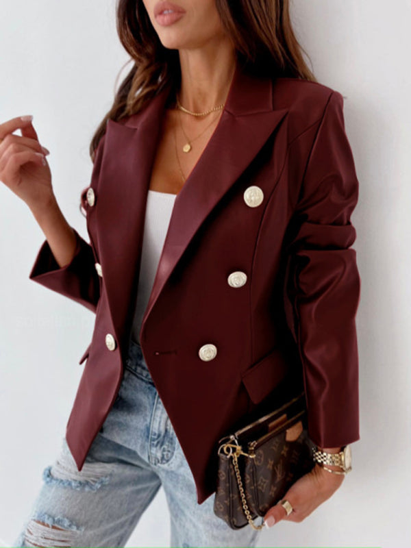 Blazers- Faux Leather Business Jacket | Double-Breasted Lapel Blazer- - Pekosa Women Clothing