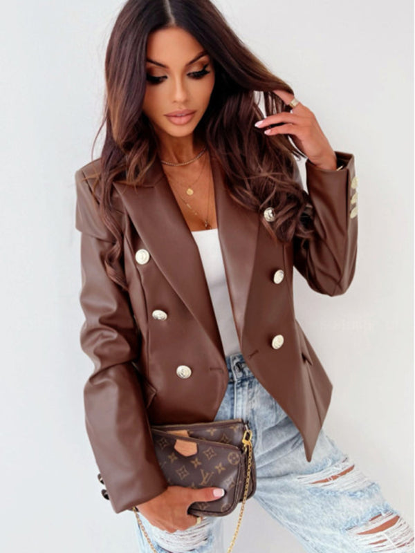 Blazers- Faux Leather Business Jacket | Double-Breasted Lapel Blazer- - Pekosa Women Clothing