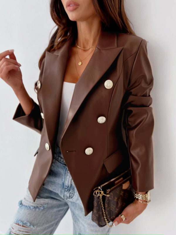 Blazers- Faux Leather Business Jacket | Double-Breasted Lapel Blazer- - Pekosa Women Clothing