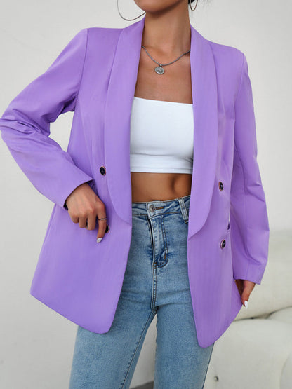 Blazers- Solid Double-Breasted Shawl Lapels Blazer- - Pekosa Women Clothing