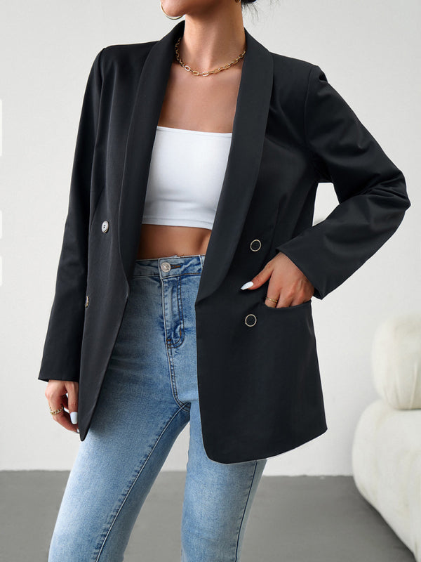 Blazers- Solid Double-Breasted Shawl Lapels Blazer- - Pekosa Women Clothing