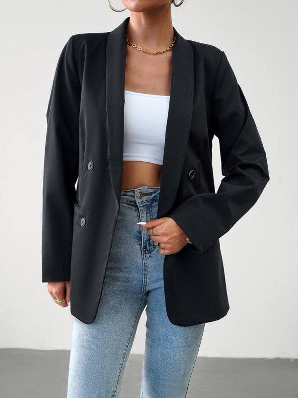 Blazers- Solid Double-Breasted Shawl Lapels Blazer- Black- Pekosa Women Clothing