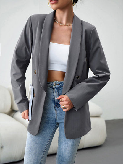 Blazers- Solid Double-Breasted Shawl Lapels Blazer- - Pekosa Women Clothing