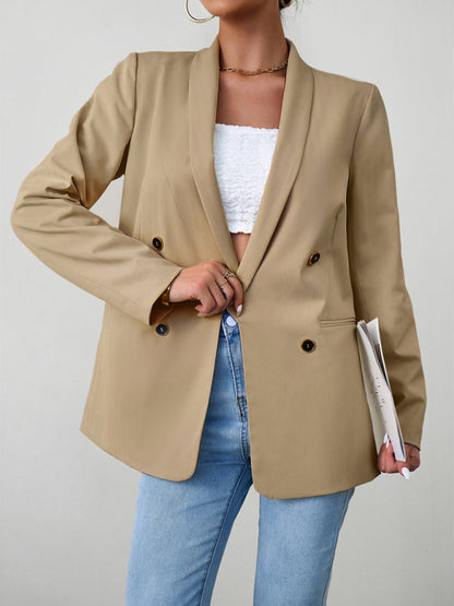 Blazers- Solid Double-Breasted Shawl Lapels Blazer- - Pekosa Women Clothing