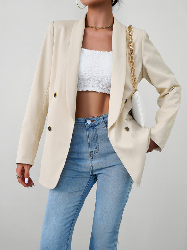 Blazers- Solid Double-Breasted Shawl Lapels Blazer- Cracker khaki- Pekosa Women Clothing