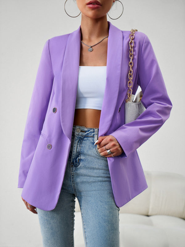 Blazers- Solid Double-Breasted Shawl Lapels Blazer- Purple- Pekosa Women Clothing