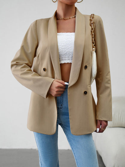 Blazers- Solid Double-Breasted Shawl Lapels Blazer- Khaki- Pekosa Women Clothing