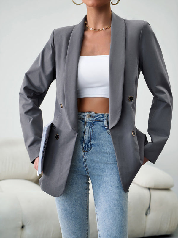 Blazers- Solid Double-Breasted Shawl Lapels Blazer- Grey- Pekosa Women Clothing