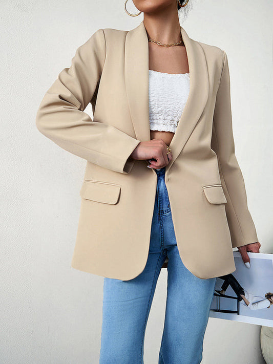 Blazers- Solid Open Front Shawl Lapels Blazer- Beige- Pekosa Women Clothing