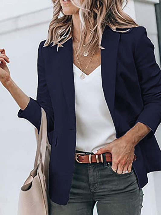 Blazers- Versatile Women's Notch Lapel Blazer: Casual to Office Wear- Navy Blue- Pekosa Women Clothing