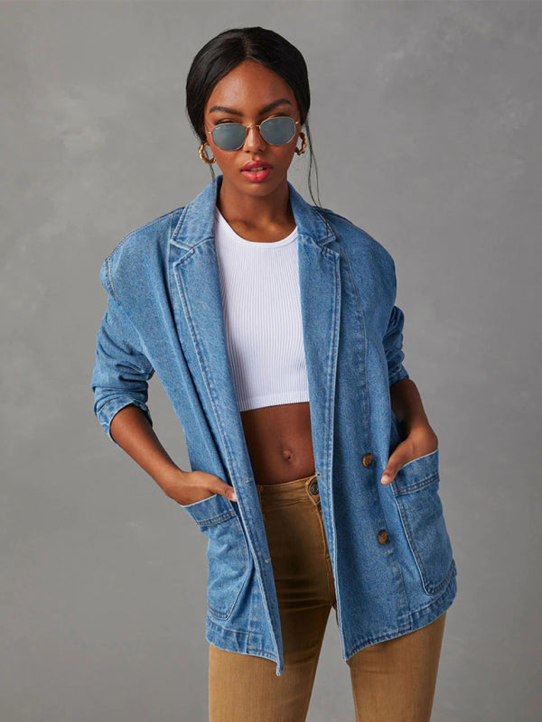 Blazers- Washed Denim Single-Breasted Shawl Lapel Jacket - Blazer with Pockets- Denim Blue- Pekosa Women Clothing