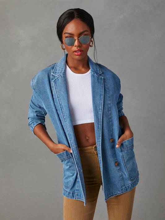 Blazers- Washed Denim Single-Breasted Shawl Lapel Jacket - Blazer with Pockets- Denim Blue- Pekosa Women Clothing