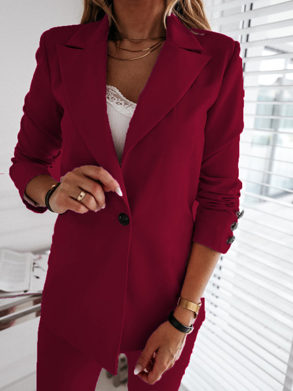 Blazers- Women's Blazer Office Attire: Single-Breasted Suit Jacket- Wine Red- Pekosa Women Clothing