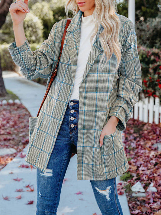 Blazers- Women's Open Front Notch Lapels Plaid Blazer - Side Pockets Jacket- Blue- Pekosa Women Clothing