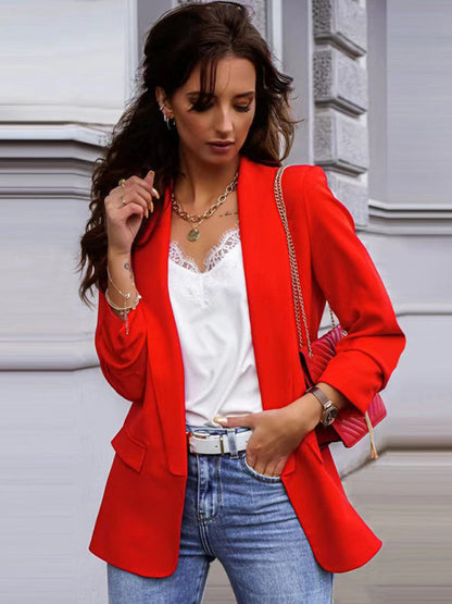 Blazers- Women's Open Front Shawl Lapels Blazer - Long Sleeves Pocketed Jacket- Red- Pekosa Women Clothing