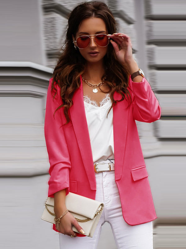 Blazers- Women's Open Front Shawl Lapels Blazer - Long Sleeves Pocketed Jacket- Rose- Pekosa Women Clothing