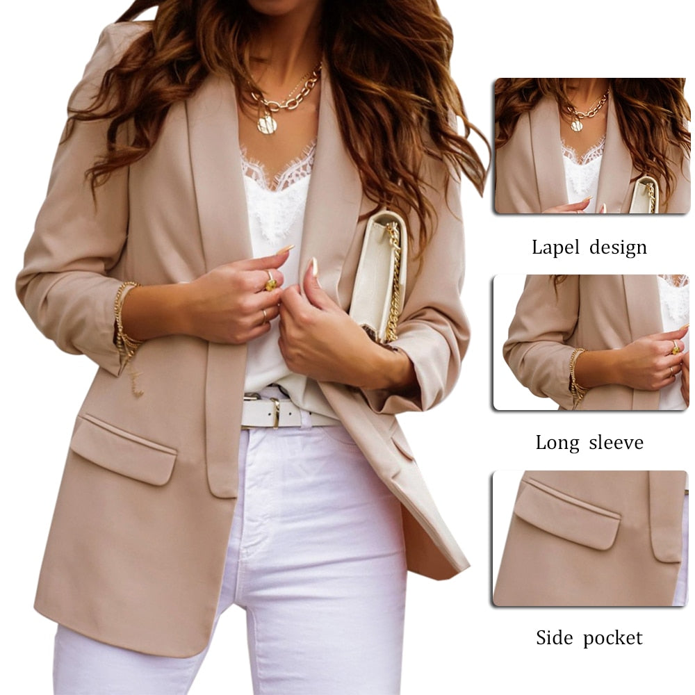 Blazers- Women's Open Front Shawl Lapels Blazer - Long Sleeves Pocketed Jacket- - Pekosa Women Clothing