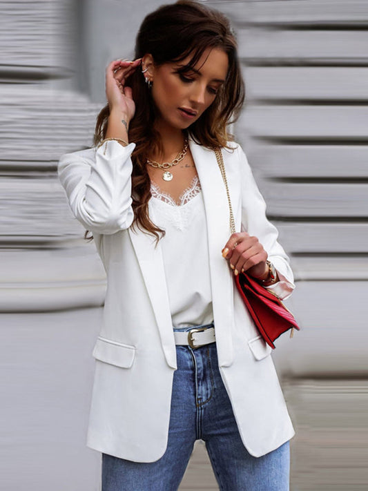 Blazers- Women's Open Front Shawl Lapels Blazer - Long Sleeves Pocketed Jacket- White- Pekosa Women Clothing