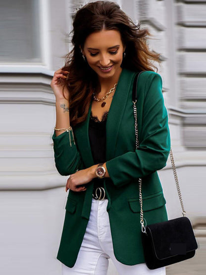 Blazers- Women's Open Front Shawl Lapels Blazer - Long Sleeves Pocketed Jacket- Green- Pekosa Women Clothing