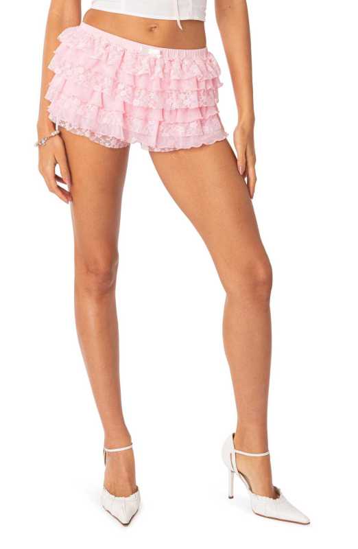 Bloomers- Vintage Tiered Ruffle Shorts | Lace-Trimmed Bloomers- Pink- Pekosa Women Clothing
