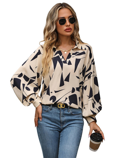 Blouses- Abstract Print Balloon Sleeve Collar Blouse- - Pekosa Women Clothing