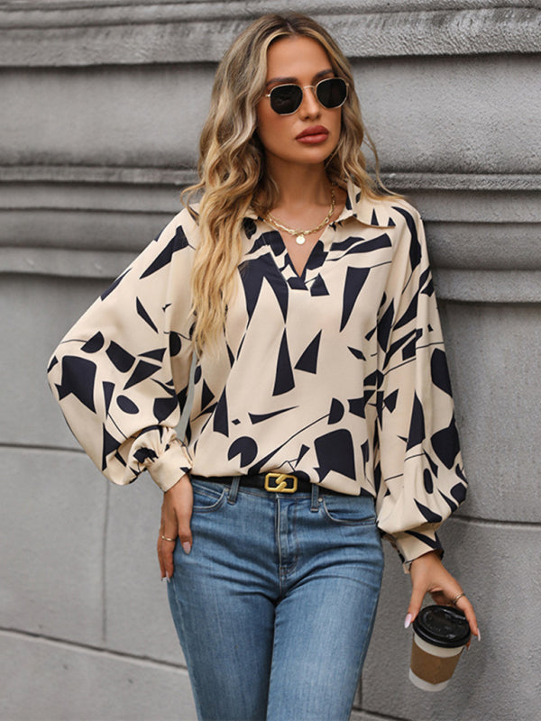 Blouses- Abstract Print Balloon Sleeve Collar Blouse- Cracker khaki- Pekosa Women Clothing