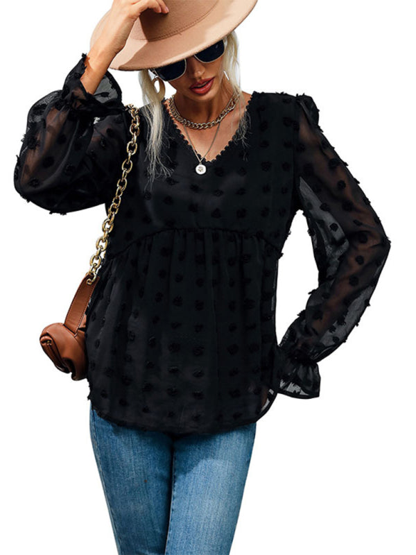Blouses- All-Over Floral Applique Top - Elegant Chiffon Blouse- - Pekosa Women Clothing