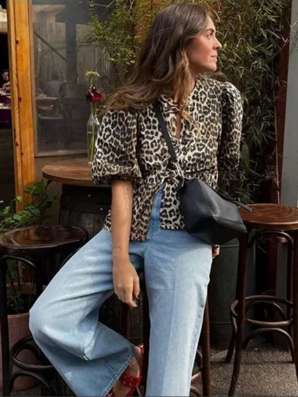 Blouses- Animal Print Lace-Up Front Blouse with Puff Sleeves- - Pekosa Women Fashion