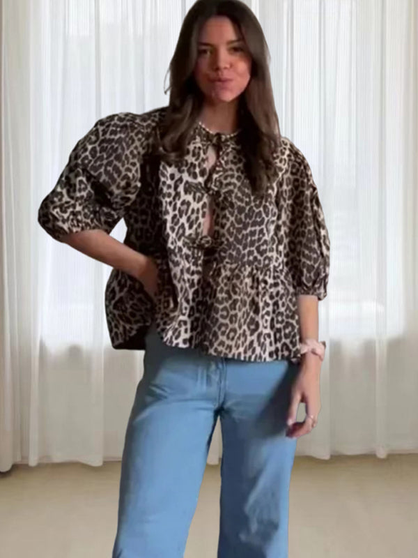 Blouses- Animal Print Lace-Up Front Blouse with Puff Sleeves- Leopard- Pekosa Women Fashion