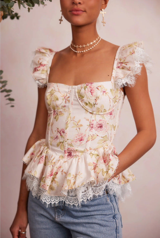 Blouses- Autumn Floral Corset Blouse - Bustier Top with Vintage Ruffle Lace- Pattern- Pekosa Women Clothing