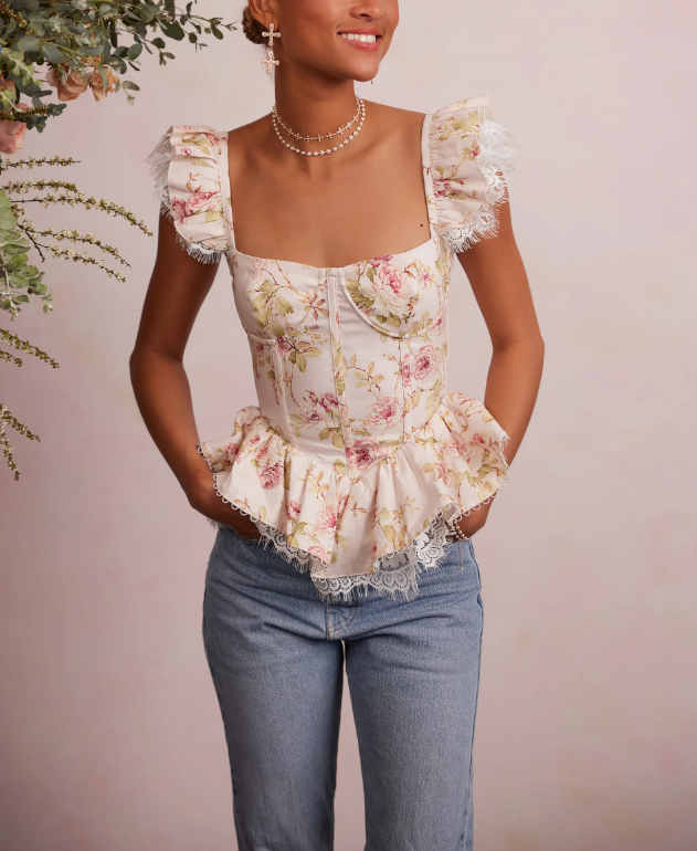 Blouses- Autumn Floral Corset Blouse - Bustier Top with Vintage Ruffle Lace- - Pekosa Women Clothing