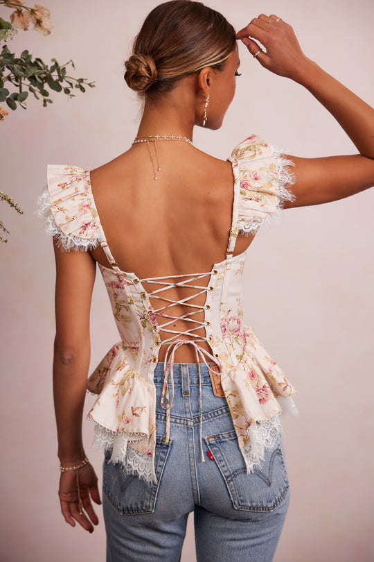 Blouses- Autumn Floral Corset Blouse - Bustier Top with Vintage Ruffle Lace- - Pekosa Women Clothing