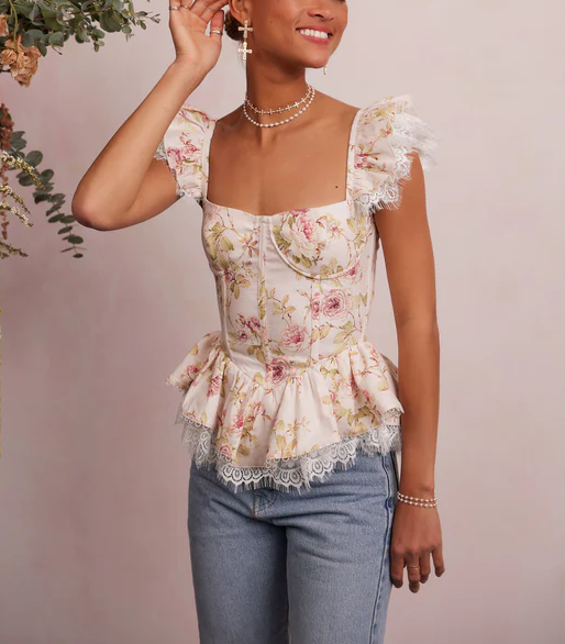 Blouses- Autumn Floral Corset Blouse - Bustier Top with Vintage Ruffle Lace- - Pekosa Women Clothing