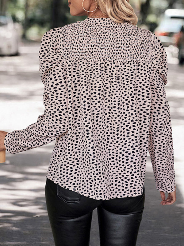 Blouses- Autumn Leopard Print Puff Sleeve Smocked Blouse Top- - Pekosa Women Clothing