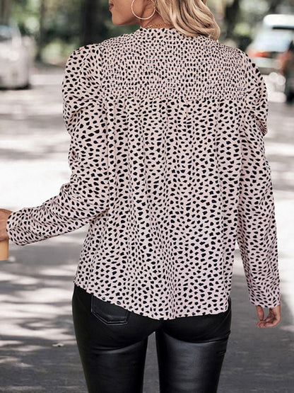 Blouses- Autumn Leopard Print Puff Sleeve Smocked Blouse Top- - Pekosa Women Clothing