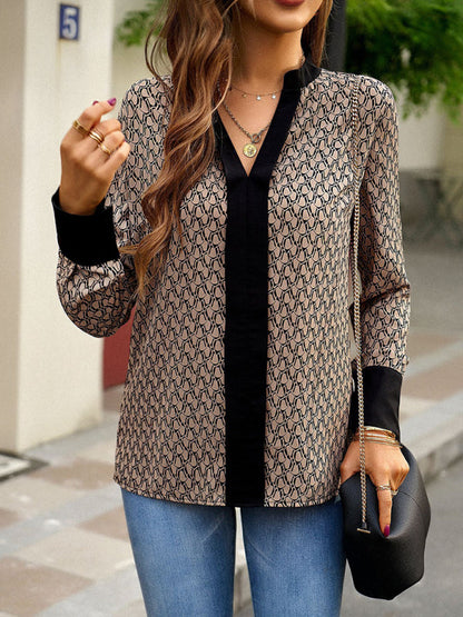 Blouses- Block Print Top | V-Neck Long Sleeve Blouse- - Pekosa Women Clothing