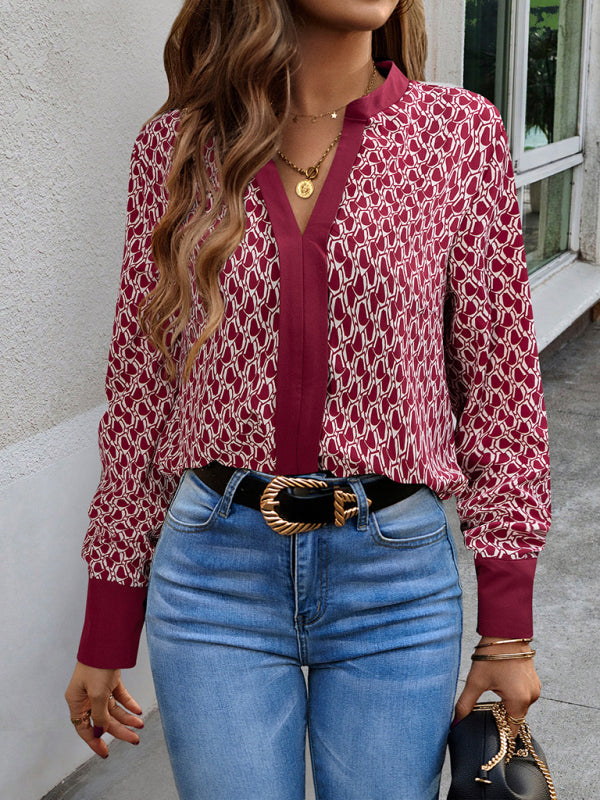 Blouses- Block Print Top | V-Neck Long Sleeve Blouse- - Pekosa Women Clothing